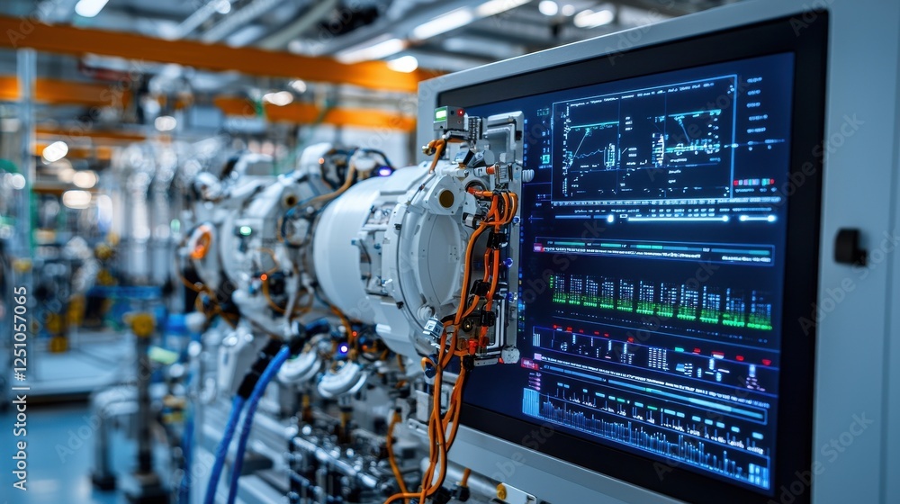 Poster A large monitor displays a complex machine with many wires and gauges