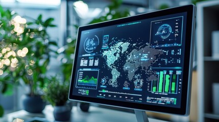 A computer monitor displays a map of the world with various graphs and numbers