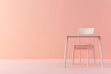 a simple desk with a chair in a minimalistic interior design, peach-colored background