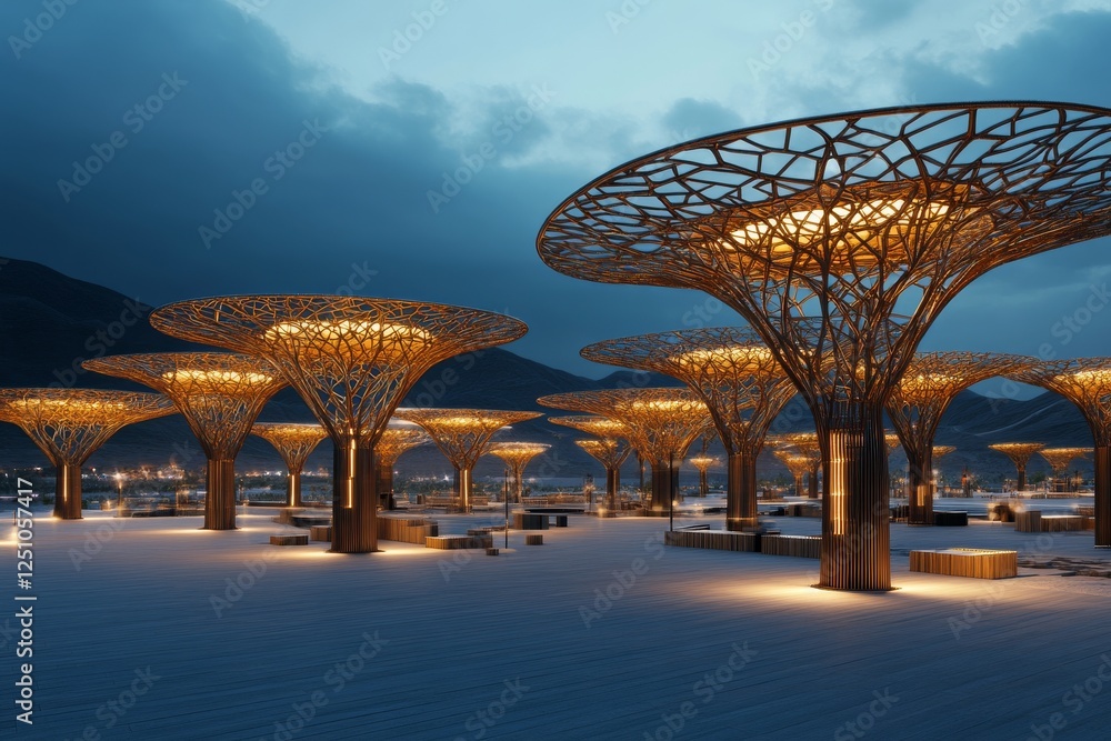 Poster lighting structures showcase a modern design in an evening landscape with a mountainous backdrop