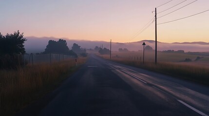 Misty Morning Road Through Rolling Hills Landscape