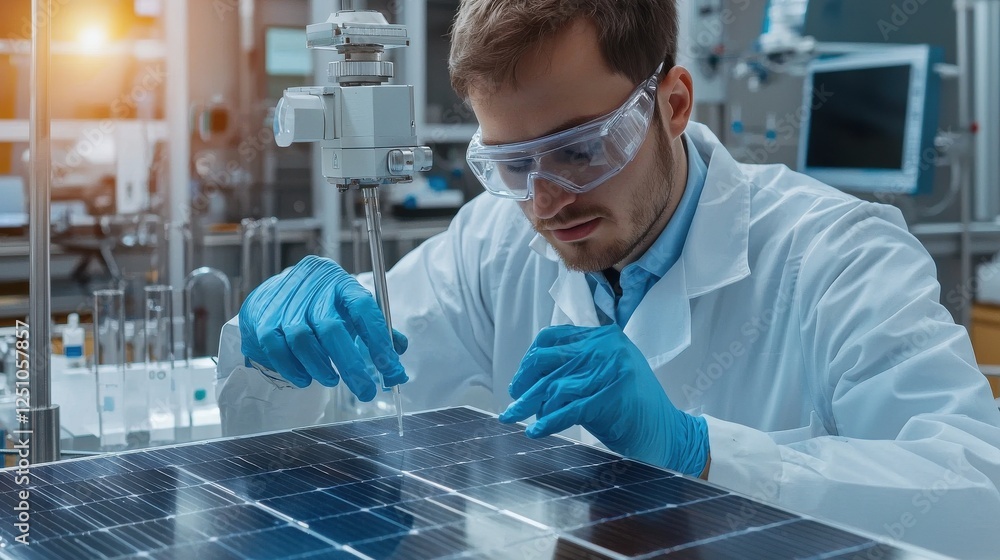 Poster a man in a lab coat is working on a solar panel
