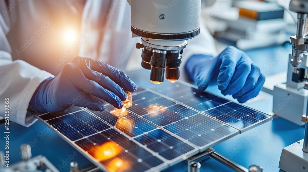 Poster a scientist is looking at a solar panel under a microscope