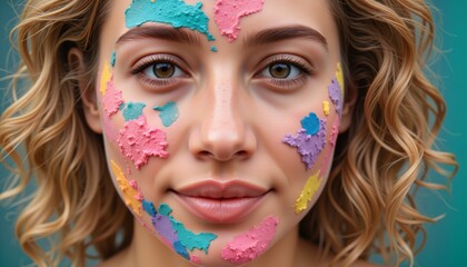 Obraz premium Young woman with colorful face mask smiling against green background