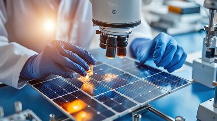 A scientist is looking at a solar panel under a microscope