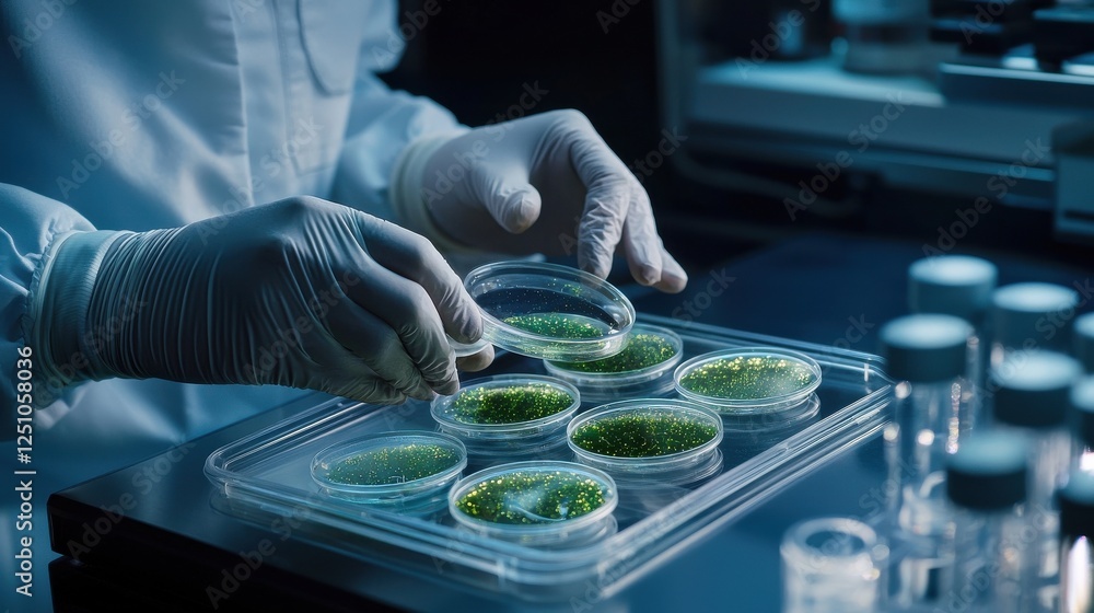 Poster a scientist is working with a tray of green cells