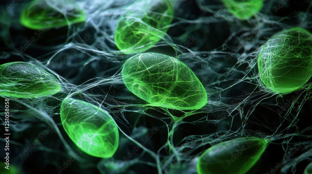 Poster a close up of green cells with a web of green threads surrounding them
