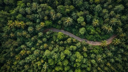 Aerial View of Lush Tropical Forest Landscape with Winding Hiking Trail and Vibrant Greenery