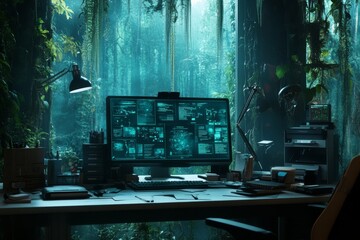 Computer workstation surrounded by vibrant jungle foliage during twilight hours
