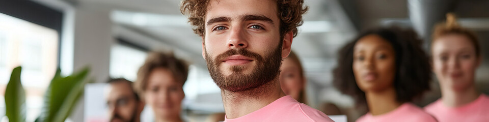 Obraz premium Portrait of Man with Group of People in Pink Shirts