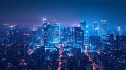 Fototapeta premium Nightscape of futuristic city glowing with neon lights creating a captivating urban panorama