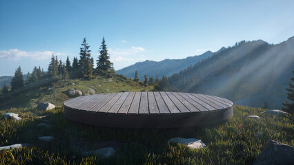 A circular wooden podium for product display, perched on top of a hill overlooking the mountain landscape and the sky