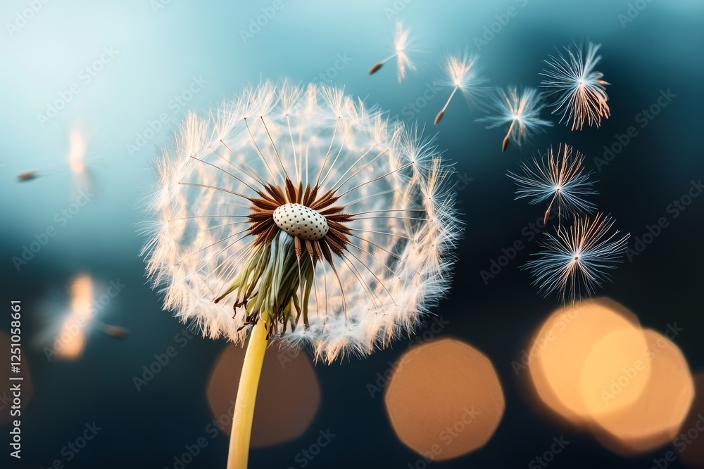 Poster elegant dandelion seeds drifting in the breeze against a soft bokeh background at dusk