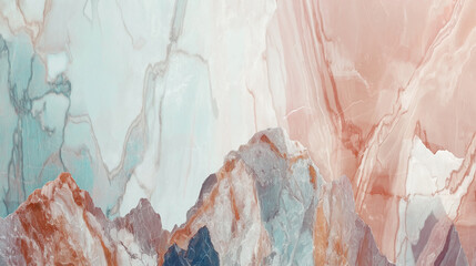 Fototapeta premium Pastel colors blend seamlessly in a dreamy landscape, where an abstract marble texture meets majestic mountain peaks, creating a serene and captivating scene
