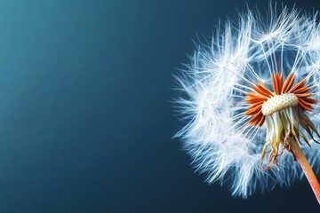 Naklejka premium Dandelion seed head illuminated against a blue background revealing delicate structures and textures in nature's design