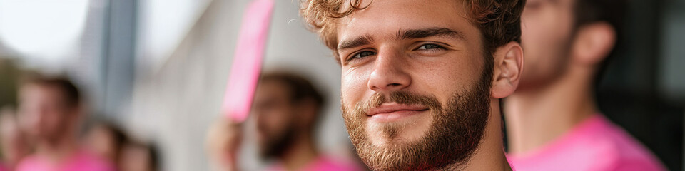 Obraz premium Portrait of Young Man with Beard and Curly Hair, Wearing Pink Shirt