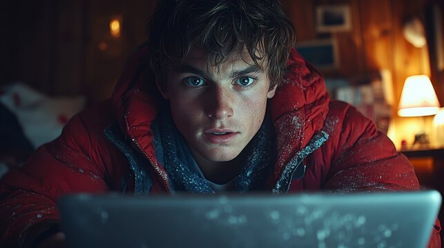 Young man using tablet in snowy cabin at night - Powered by Adobe