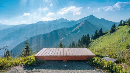 A secluded podium made of old ginger wood against a backdrop of majestic mountains flooded with sunlight, creating an atmosphere of calm and tranquility