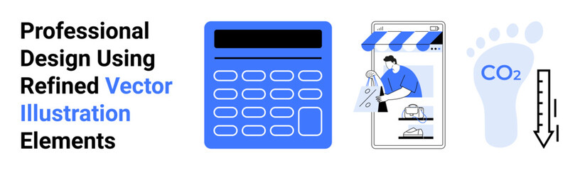 Calculator, app-based shopping, and carbon footprint measurement tools symbolize e-commerce, finance, ecology, tech solutions. Ideal for business, fintech, environment education tech innovation