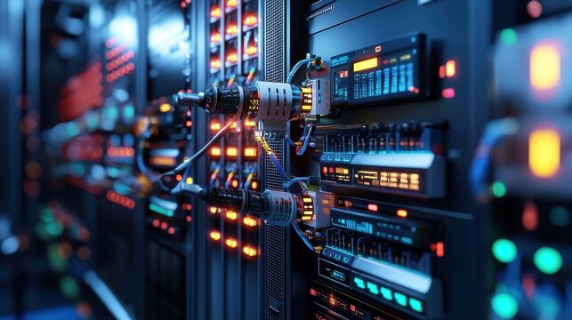 A computer server room with many computer servers and cables