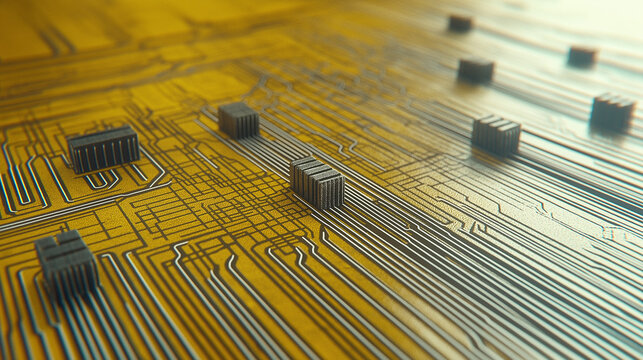 Neon yellow digital circuit board connecting components with integrated circuits. Parallel lines of circuit board connect various components, integrated circuits, complex technological landscape