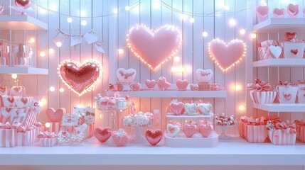 A Valentinea??s themed pastel pink and white gift shop with heart-shaped displays and glowing lights.