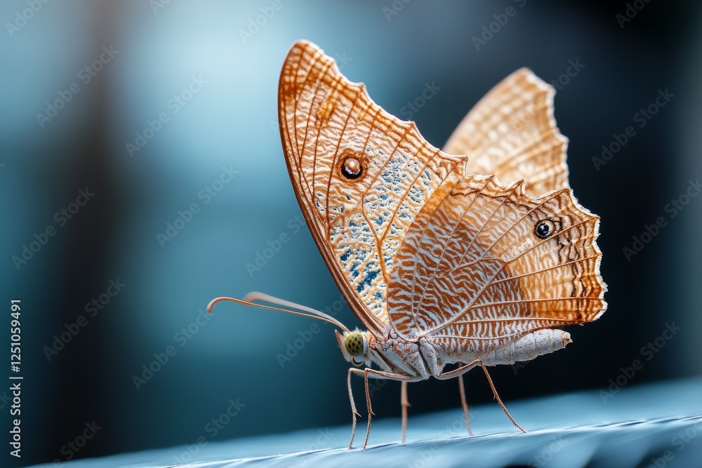 Poster butterfly resting on a metallic surface with intricate patterns in a tranquil environment