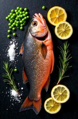 Piece of sockeye salmon fish, rosemary sprig, black peppercorns, yellow lemon slices on black background, top view. Vertical concept of healthy protein food for sports nutrition