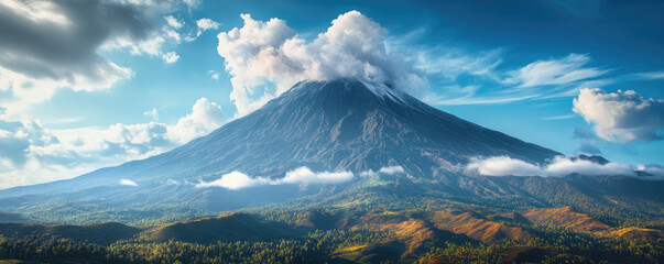 Majestic volcano, towering mountain peak, dramatic cloudy sky, lush green landscape, panoramic view, sunlight breaking through clouds, natural wonder, rugged terrain, tropical vegetation, blue sky