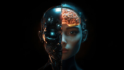 Split Half-Human and Half-Robot Head with Glowing Brain and Lights, AI Concept, Dark Background, Futuristic Design.