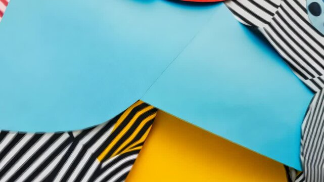 Colorful fabric swatches arranged on blue background; design inspiration