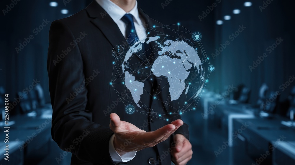 Poster global network in the hands of a businessman: a visual representation of international connectivity 