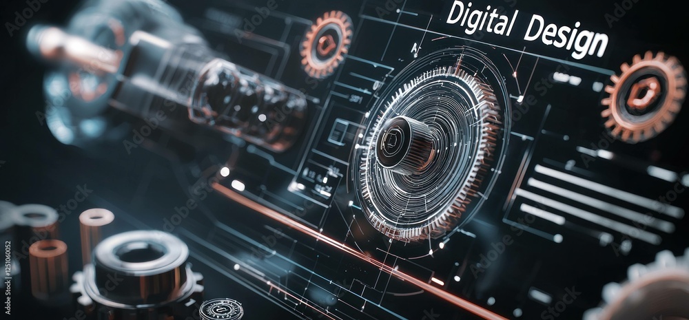 Poster modern digital design with mechanical gears and futuristic interface, showcasing innovation and tech