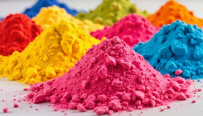 Colorful powder in vibrant piles against a white background