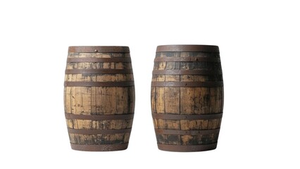 Obraz premium Two wooden barrels with rustic design and aged wood, blank space for branding or text.