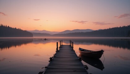 Fototapeta premium Serene Lake at Dawn with Wooden Dock and Boat in Calm Waters