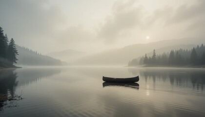 Obraz premium Serene Foggy Lake Landscape with Canoe at Sunrise and Mountains