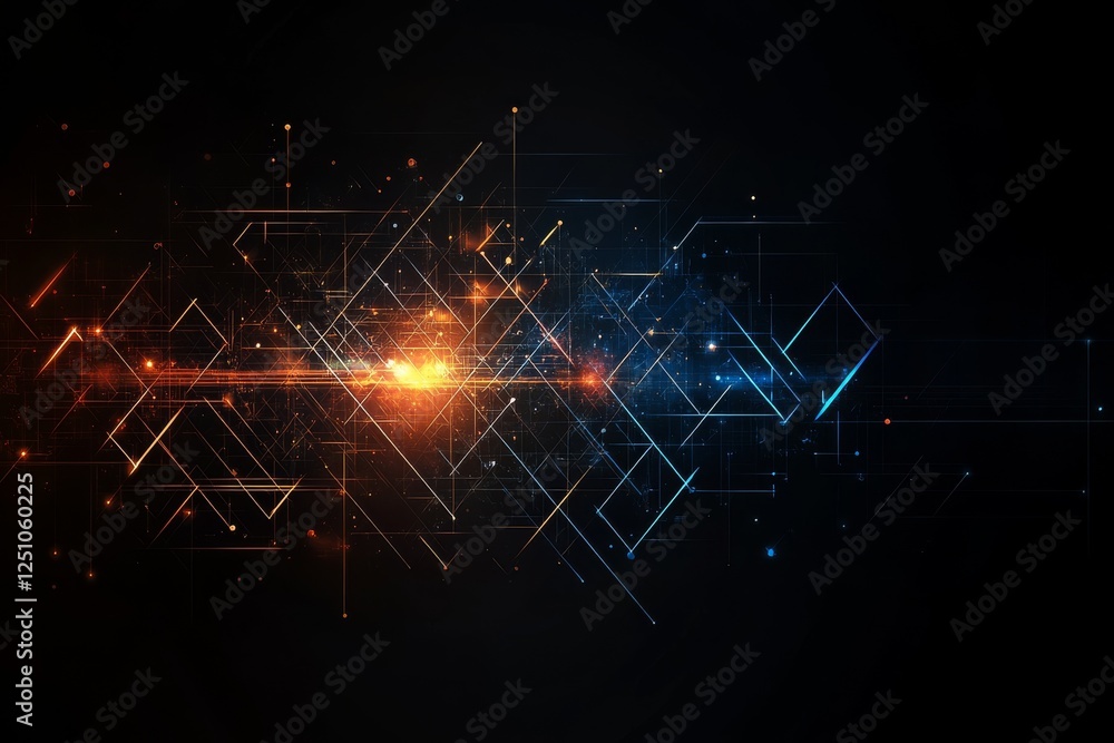 Fototapete abstract geometric design with glowing lines and shapes in vivid colors against a dark background