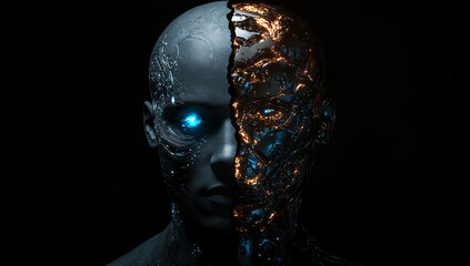 Split Half-Human and Half-Robot Head with Glowing Brain and Lights, AI Concept, Dark Background, Futuristic Design.