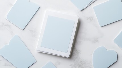 Fototapeta premium Minimalist stationery mockup with pale blue cards on marble background