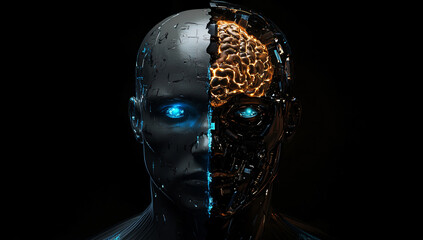 Split Half-Human and Half-Robot Head with Glowing Brain and Lights, AI Concept, Dark Background, Futuristic Design.