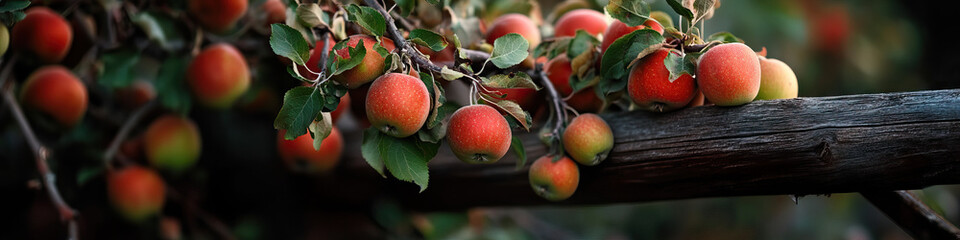 Obraz premium Apples on Branch Resting on Wooden Beam