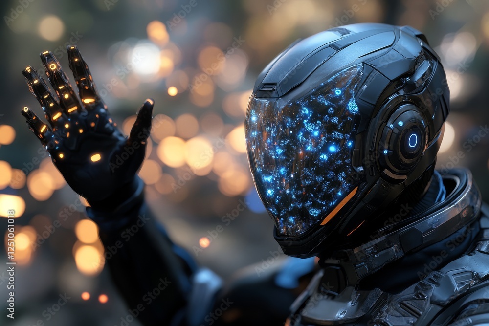 Poster futuristic robot with illuminated visor waving in a high-tech environment during a vibrant event