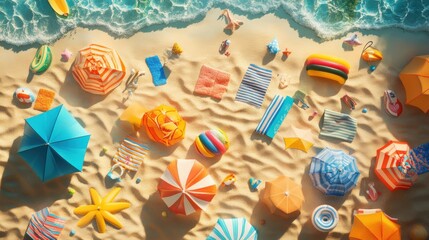 A beach scene with colorful umbrellas, towels, and toys scattered across the sand.