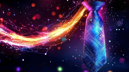 A digital tie design with vibrant colors and glowing effects against a dark background, creating a dynamic, futuristic look.
