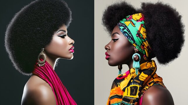 Contemporary African beauty portrait diptych featuring natural afro hairstyles with traditional and modern styling elements creating powerful cultural fashion photography