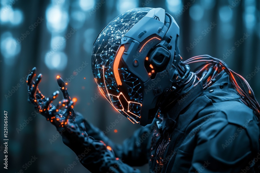 Aufkleber futuristic robotic figure with glowing circuits in a dark forest setting at dusk