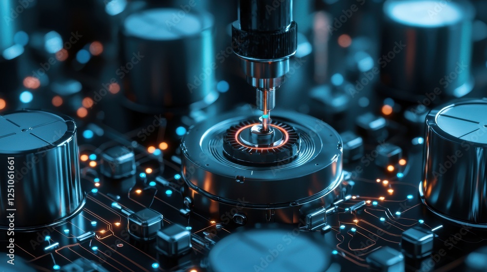 Poster a close up of a computer chip with a small hole in the middle
