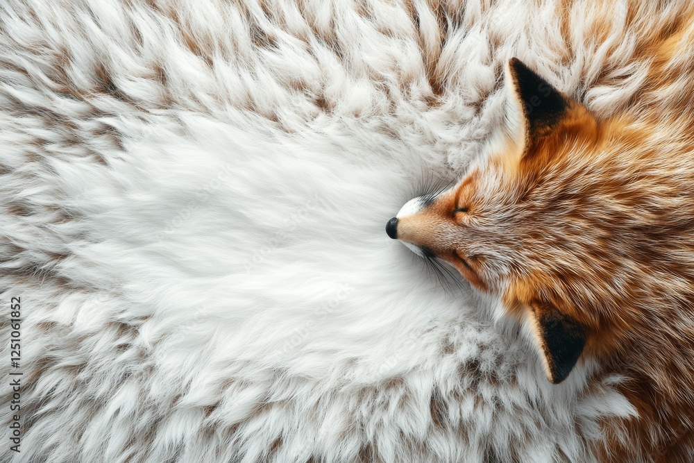 Poster soft textures of a resting fox among fluffy fur creating a serene atmosphere in a natural setting