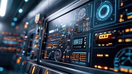 A computer monitor with a blue screen and orange buttons